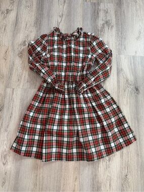 Crewcuts Red and White Plaid Long-Sleeve Ruffle Neck Dress